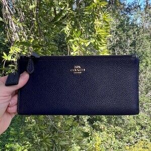 Coach Double Zip Wallet Blue Pebble Leather w Gold Hardware AUTHENTIC